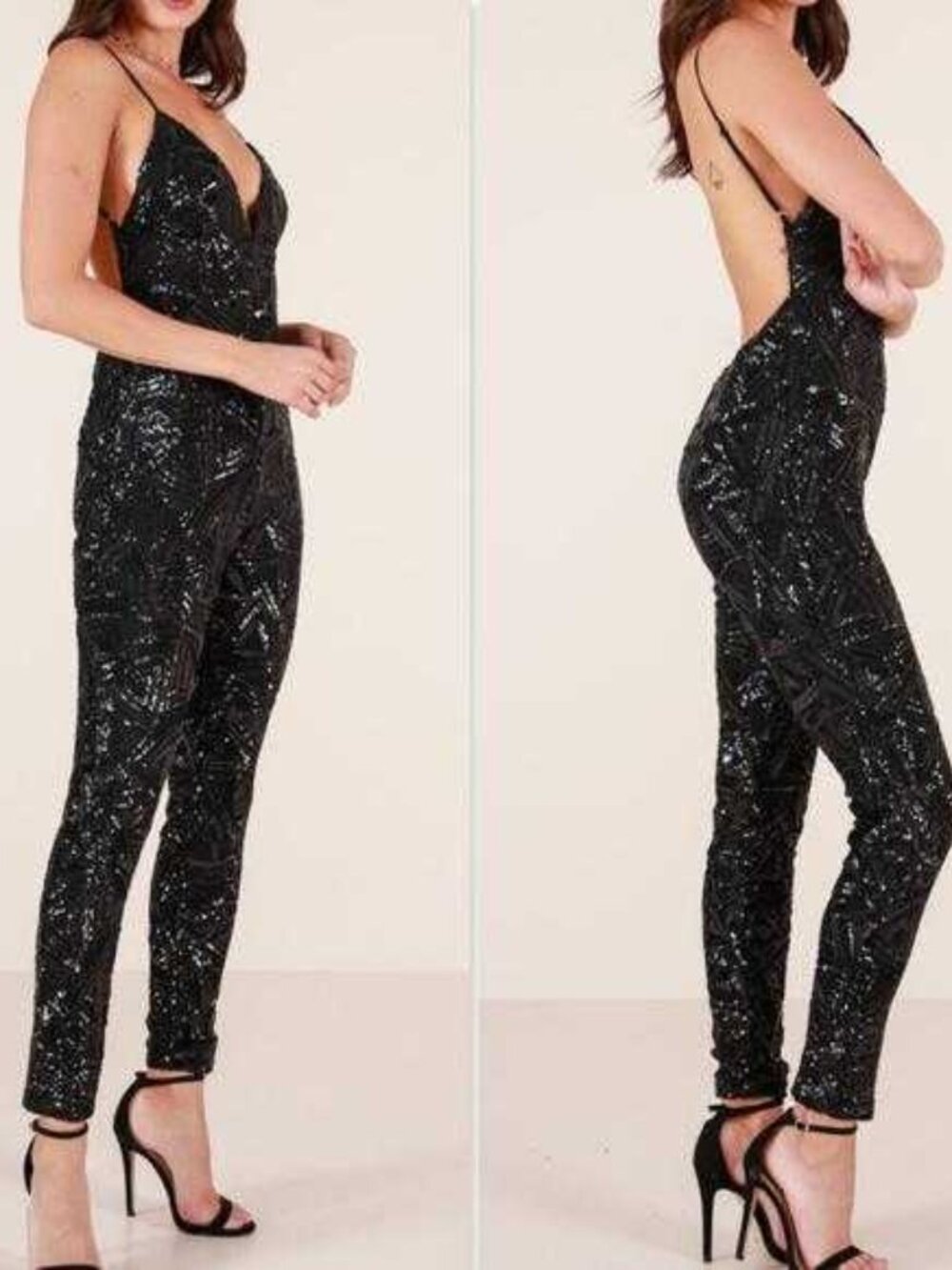 New L'Atiste by Amy Small Sequined Jumpsuit Open Back Spaghetti Straps Black